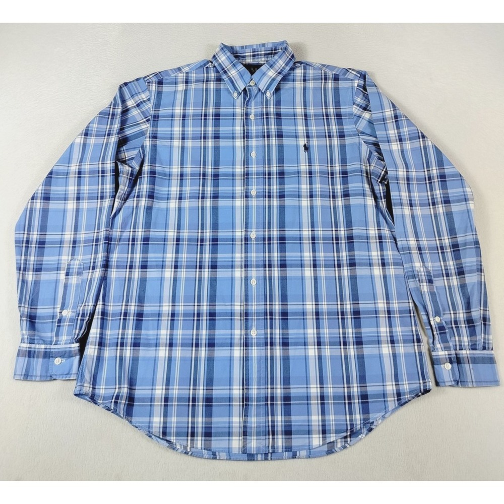 Ralph Lauren Shirt Mens Large Blue Long Sleeve Plaid Custom Fit Preppy Office